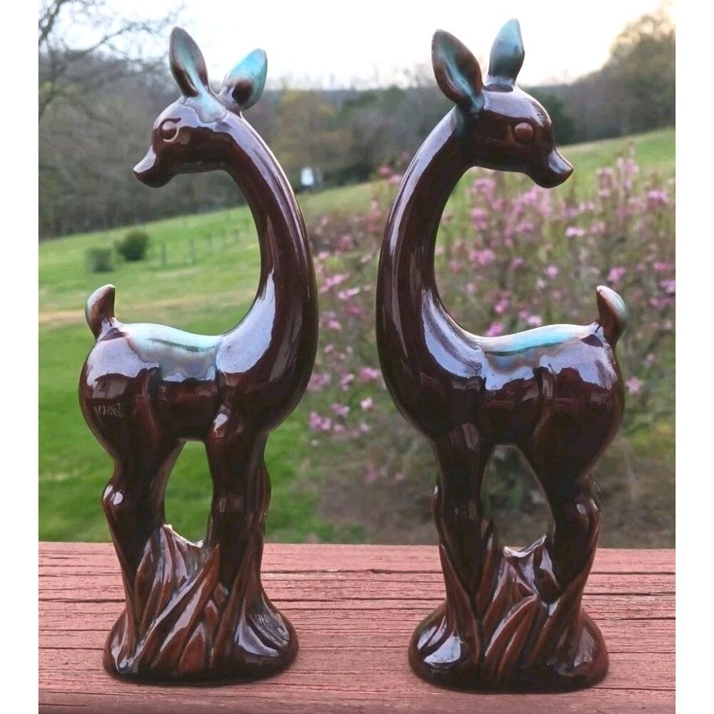Vtg Pair MCM Art Deco Style Deer Figurines Brown Turquoise Drip Glaze Pottery
